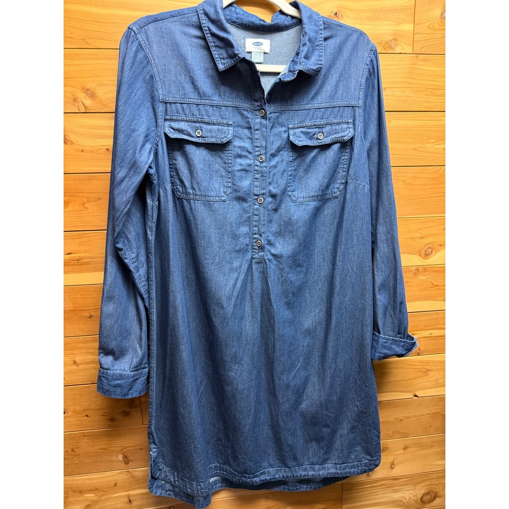 Old Navy Womens LARGE Blue Chambrayβ Denim Long Sleeve Button Front Shirt Dress